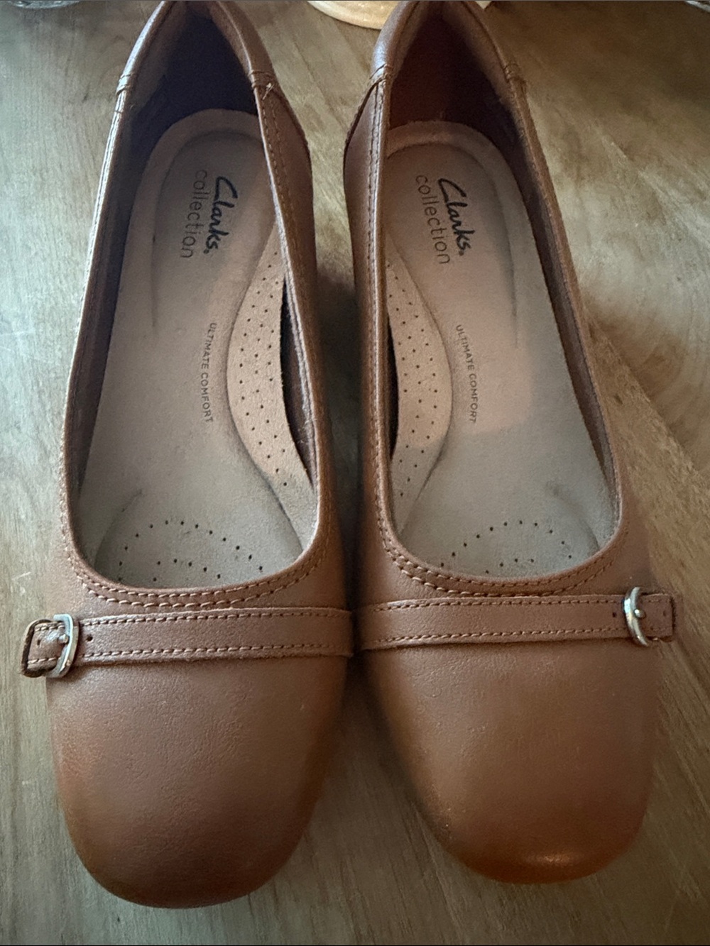 Clarks Tan Leather Mary Jane Ballet Flats with Buckle Detail